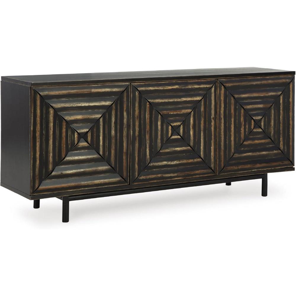 imageSignature Design by Ashley Fair Ridge Casual Square Patterned 3Door Distressed Accent Cabinet with 3 Adjustable Shelves Black ampamp Dark Brown