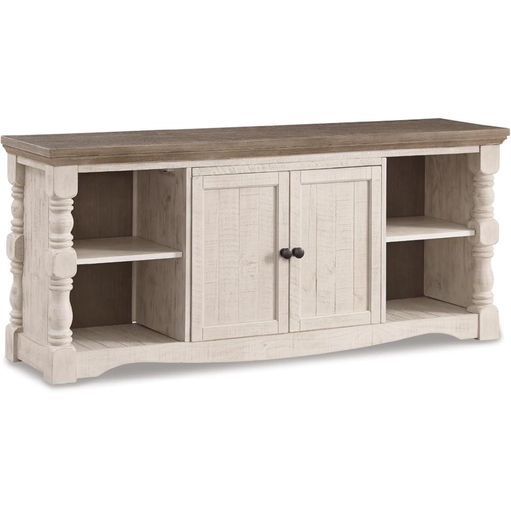 imageSignature Design by Ashley Havalance Farmhouse TV Stand Fits TVs up to 65quot 2 Door Cabinet and Shelves For Storage Vintage White ampamp Weathered GrayExtra Large with Shelving
