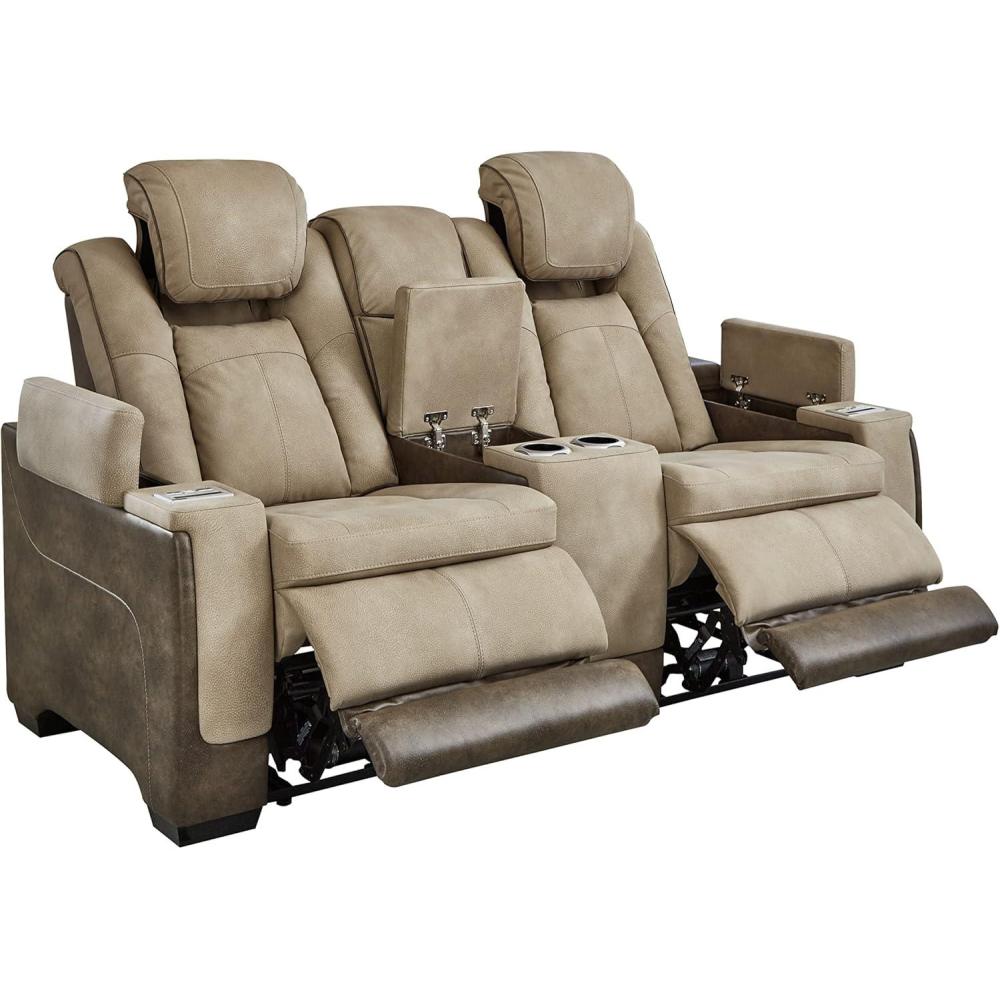 imageSignature Design by Ashley NextGen DuraPella Power Reclining Sofa Wireless ampamp USB Charging ZeroGravity Adjustable Headrest WaterRepellent Faux Leather DropDown Table BeigeBrown 86Beige
