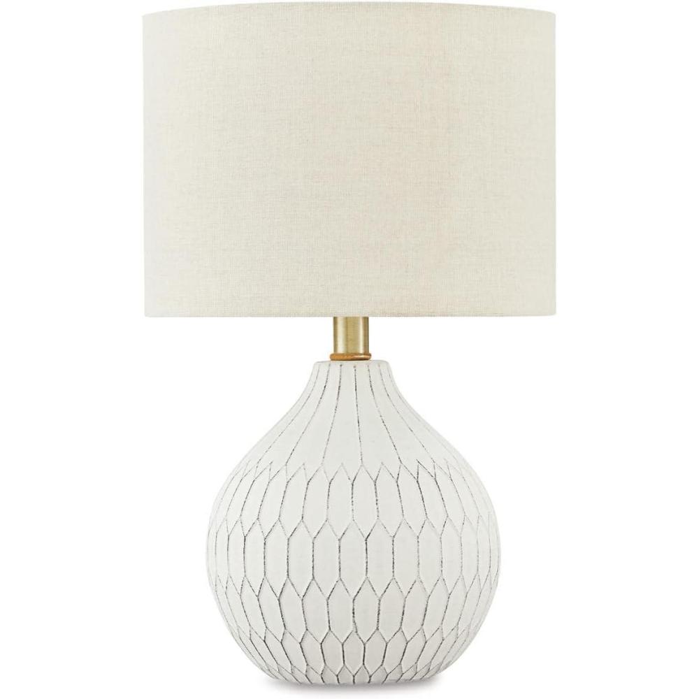 imageSignature Design by Ashley Rainermen Casual Ceramic Table Lamp Transparent White Glaze Finish Drum Hardback Fabric Shade 11quot W x 11quot D x 21quot H Off WhiteWhite