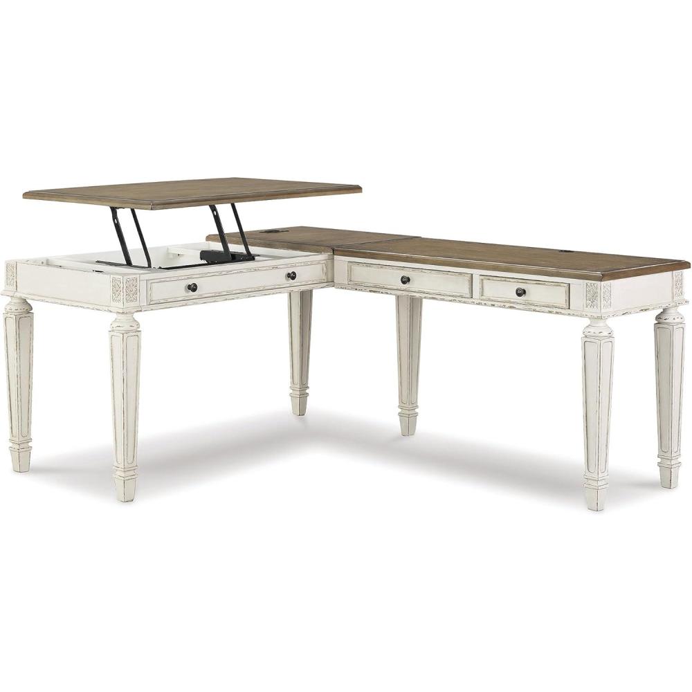 imageSignature Design by Ashley Realyn Farmhouse 60quot Home Office Desk with USB Charging Chipped WhiteWhiteBrown