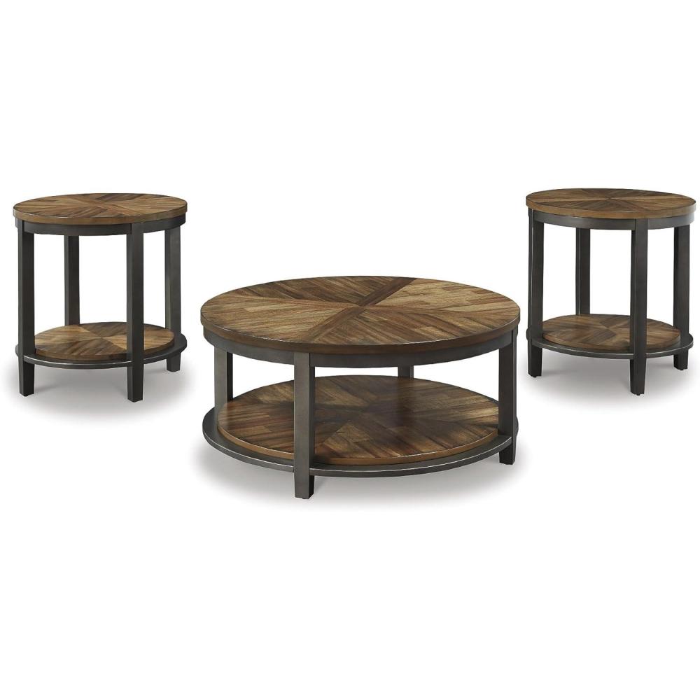imageSignature Design by Ashley Roybeck Rustic Round 3Piece Table Set Includes 1 Coffee Table and 2 End Tables with Fixed Shelf Light BrownFarmhouse
