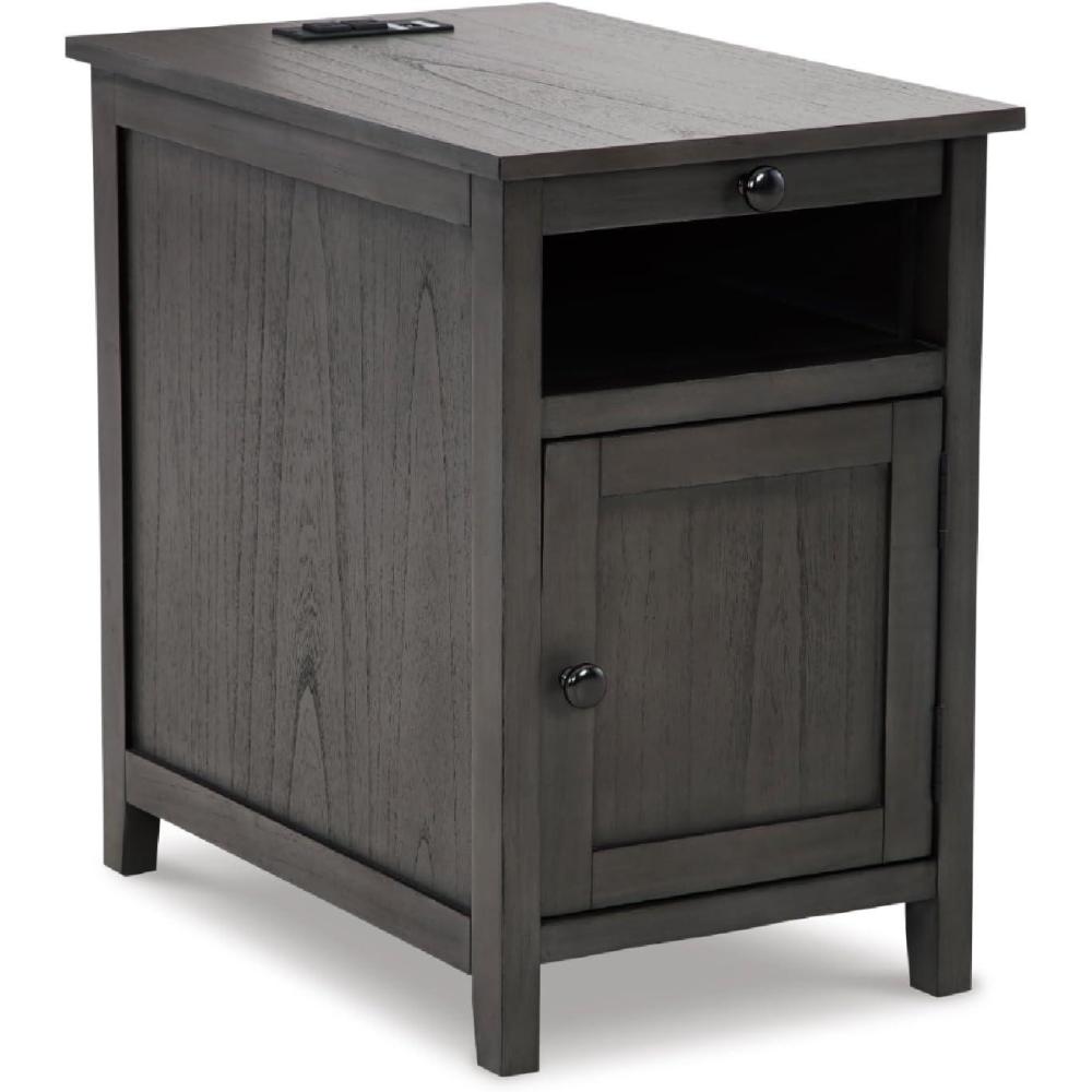 imageSignature Design by Ashley Treytown Casual Compact Chairside End Table with a Storage Cabinet Open Cubby Shelf PullOut Tray ampamp USB Charging Ports BlackDark Gray