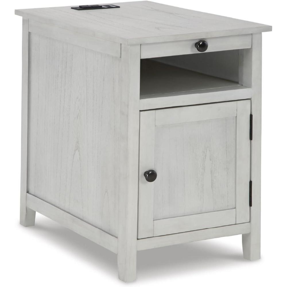 imageSignature Design by Ashley Treytown Casual Compact Chairside End Table with a Storage Cabinet Open Cubby Shelf PullOut Tray ampamp USB Charging Ports BlackWhitewash
