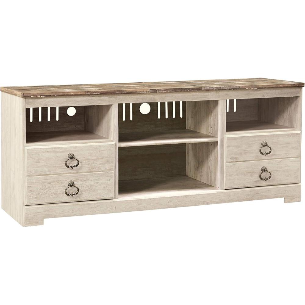 imageSignature Design by Ashley Trinell Rustic TV Stand with Fireplace Option Fits TVs up to 60quot 2 Drawers and 2 Storage Cubbies BrownWhite Wash