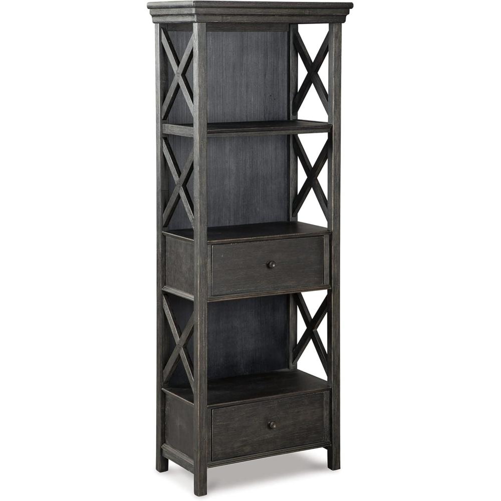 imageSignature Design by Ashley Tyler Creek Casual Farmhouse 75quot Display Cabinet or Bookcase with Drawers and Shelf Open Lattice Sides Wood Gray Black FinishBlack