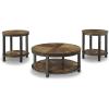imageSignature Design by Ashley Roybeck Rustic Round 3Piece Table Set Includes 1 Coffee Table and 2 End Tables with Fixed Shelf Light BrownFarmhouse
