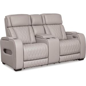 Signature Design by Ashley Boyington Contemporary Leather Match Power Reclining Sofa with USB Charging Ports, LED Lights and Adjustable Headrest, Light Gray(Grey)