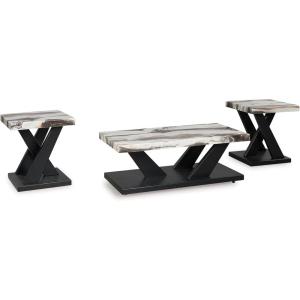 Signature Design by Ashley Cendill Contemporary Faux Marble Table with Casters, Set of 3, White & Black