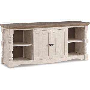 Signature Design by Ashley Havalance Farmhouse TV Stand Fits TVs up to 65″, 2 Door Cabinet and Shelves For Storage, Vintage White & Weathered Gray(Extra Large with Shelving)