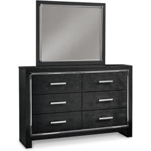 Signature Design by Ashley Kaydell Modern Smooth-Gliding 6-Drawer Dresser and Mirror with Safety Stop, Black & Chrome