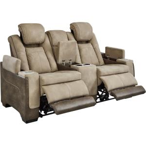 Signature Design by Ashley Next-Gen DuraPella Power Reclining Sofa – Wireless & USB Charging, Zero-Gravity, Adjustable Headrest, Water-Repellent Faux Leather, Drop-Down Table, Beige/Brown, 86”(Beige)