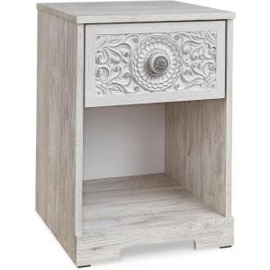 Signature Design by Ashley Shawburn Farmhouse 1 Drawer Bedroom Nightstand with Opening Storage Cubby, Wood, Large Scale Pewter-Tone Pulls, Gray(Whitewash)