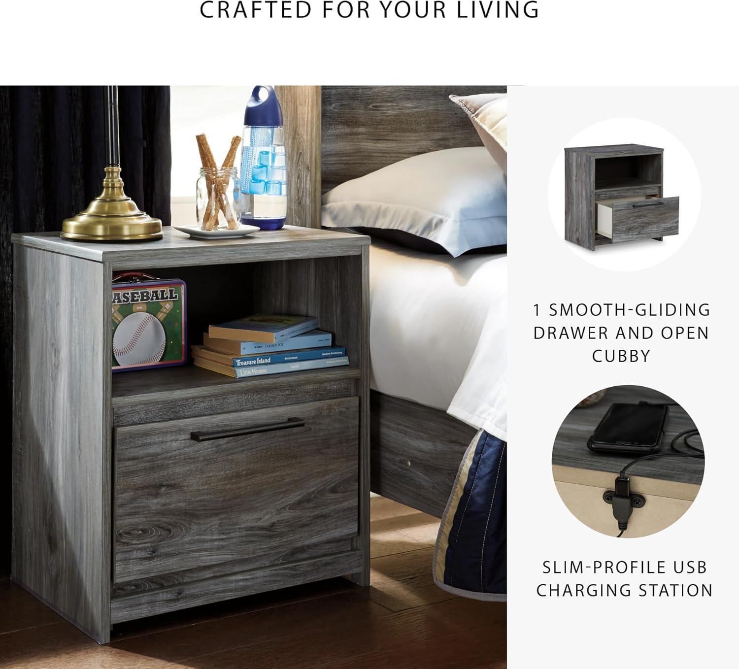 imageSignature Design by Ashley Baystorm Rustic Coastal 1 Drawer Nightstand with 1 Open Cubby ampamp 2 SlimProfile USB Charging Stations 2445quot Tall Smoky GraySmoky Gray