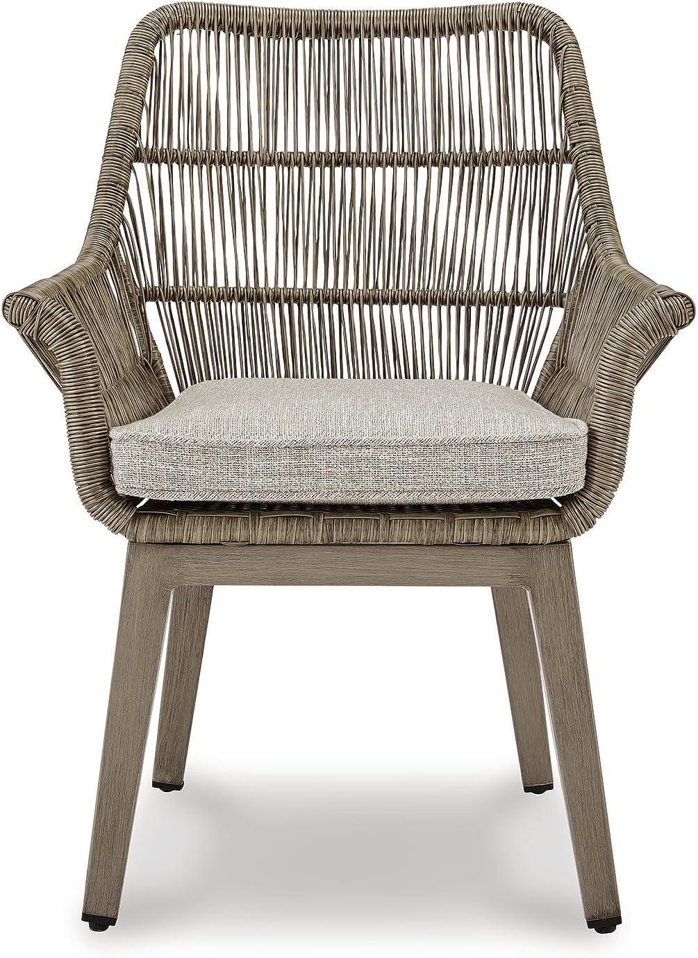 imageSignature Design by Ashley Beach Front Casual Outdoor Arm Chair with AllWeather Cushion Set of 2 Resin Wicker with Aluminum Frame 185quot Seat Height Beige
