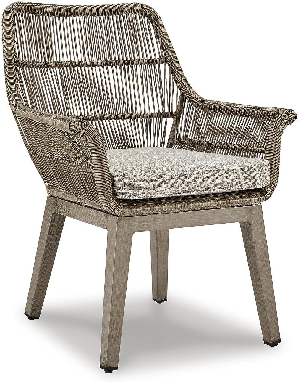 imageSignature Design by Ashley Beach Front Casual Outdoor Arm Chair with AllWeather Cushion Set of 2 Resin Wicker with Aluminum Frame 185quot Seat Height Beige
