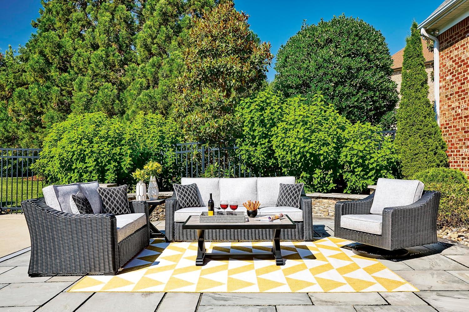 imageSignature Design by Ashley Beachcroft Casual Nuvella Weather Resistant Fabric 2Piece OutdoorIndoor Loveseat with Cushion and 4 Toss Pillows Black ampamp Light GrayGrey