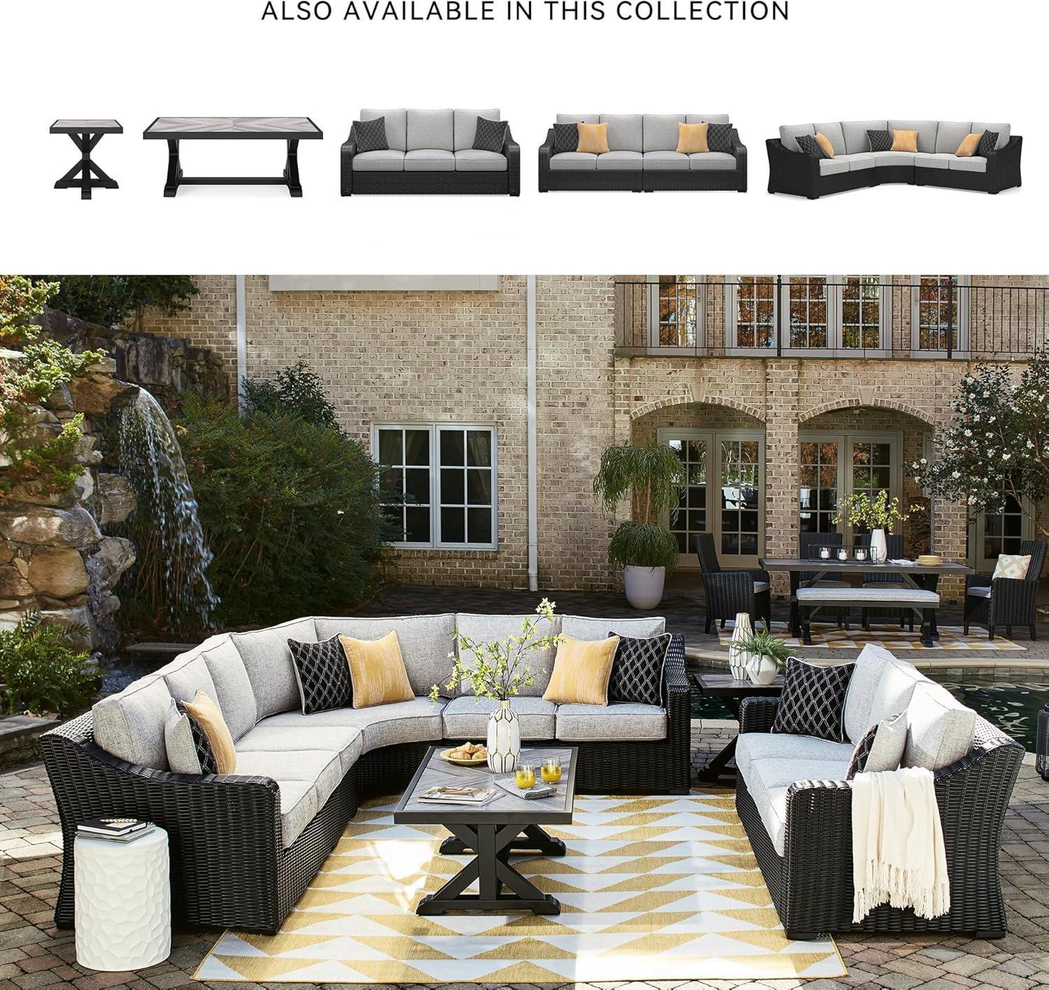 imageSignature Design by Ashley Beachcroft Casual Nuvella Weather Resistant Fabric 2Piece OutdoorIndoor Loveseat with Cushion and 4 Toss Pillows Black ampamp Light GrayBrown
