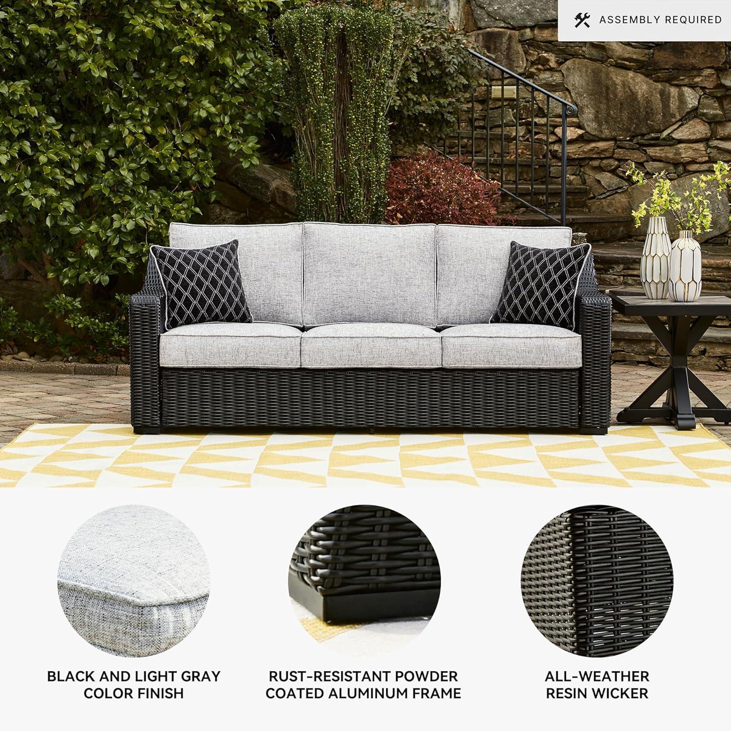 imageSignature Design by Ashley Beachcroft Casual Nuvella Weather Resistant Fabric 2Piece OutdoorIndoor Loveseat with Cushion and 4 Toss Pillows Black ampamp Light GrayGrey