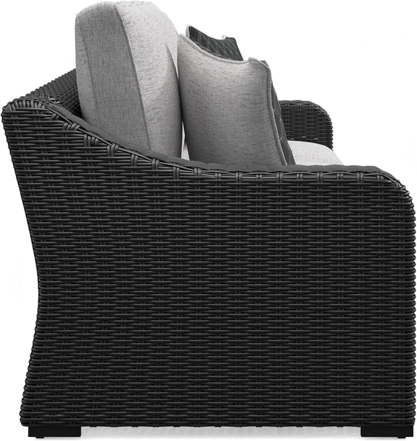 imageSignature Design by Ashley Beachcroft Casual Nuvella Weather Resistant Fabric 2Piece OutdoorIndoor Loveseat with Cushion and 4 Toss Pillows Black ampamp Light GrayGrey