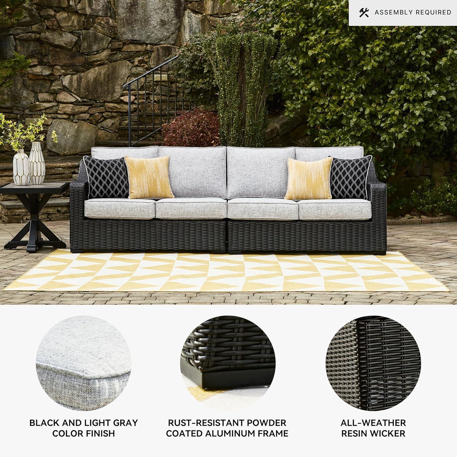 imageSignature Design by Ashley Beachcroft Casual Nuvella Weather Resistant Fabric 2Piece OutdoorIndoor Loveseat with Cushion and 4 Toss Pillows Black ampamp Light GrayBrown
