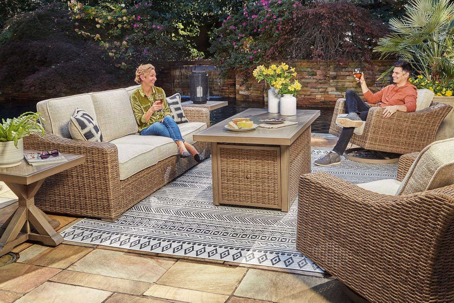 imageSignature Design by Ashley Beachcroft Casual Nuvella Weather Resistant Fabric 2Piece OutdoorIndoor Loveseat with Cushion and 4 Toss Pillows Black ampamp Light GrayBrown