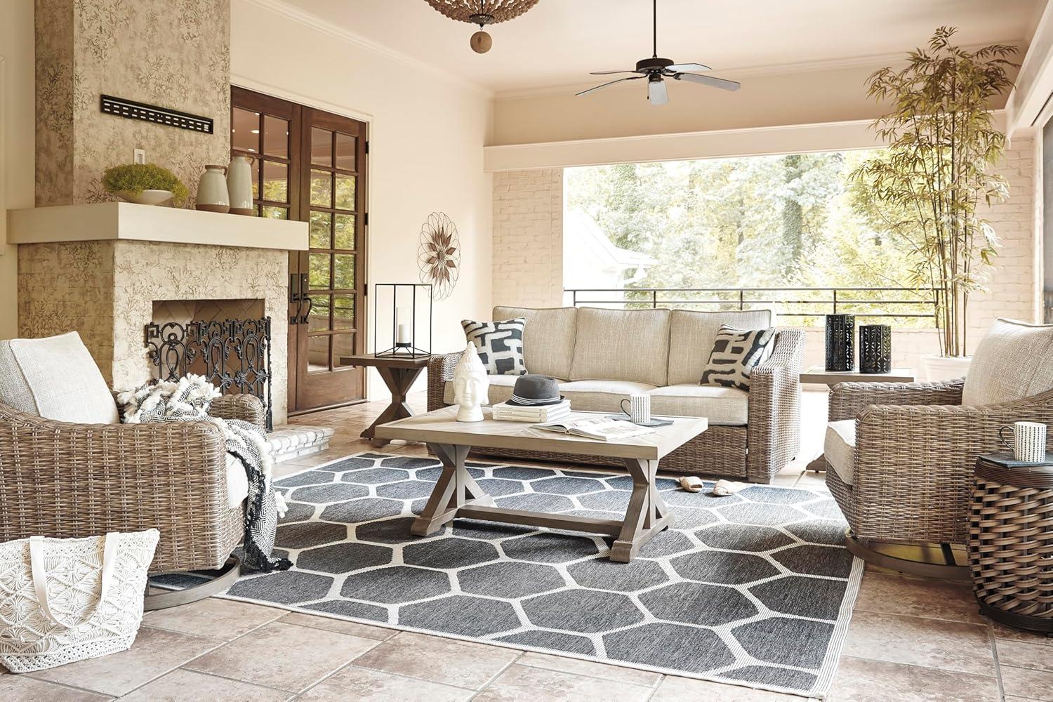 imageSignature Design by Ashley Beachcroft Casual Nuvella Weather Resistant Fabric 2Piece OutdoorIndoor Loveseat with Cushion and 4 Toss Pillows Black ampamp Light GrayBrown