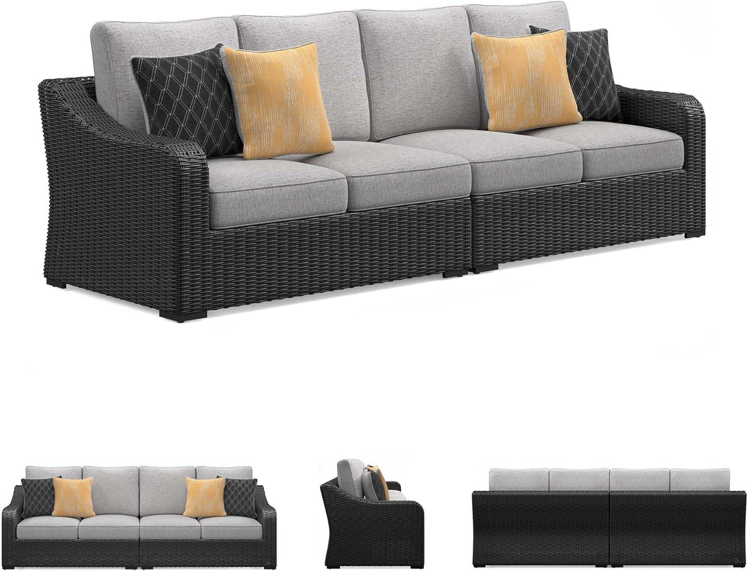 imageSignature Design by Ashley Beachcroft Casual Nuvella Weather Resistant Fabric 2Piece OutdoorIndoor Loveseat with Cushion and 4 Toss Pillows Black ampamp Light GrayBrown