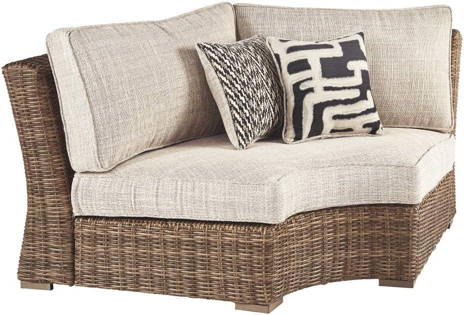 imageSignature Design by Ashley Beachcroft Casual Nuvella Weather Resistant Fabric Resin Wicker Outdoor Loveseat with Cushion and 2 Accent Pillows Dark Brown ampamp BeigeBrown