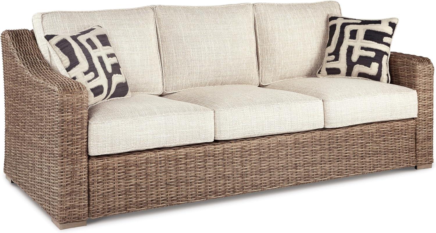 imageSignature Design by Ashley Beachcroft Casual Nuvella Weather Resistant Fabric Resin Wicker Outdoor Loveseat with Cushion and 2 Accent Pillows Dark Brown ampamp BeigeBrown