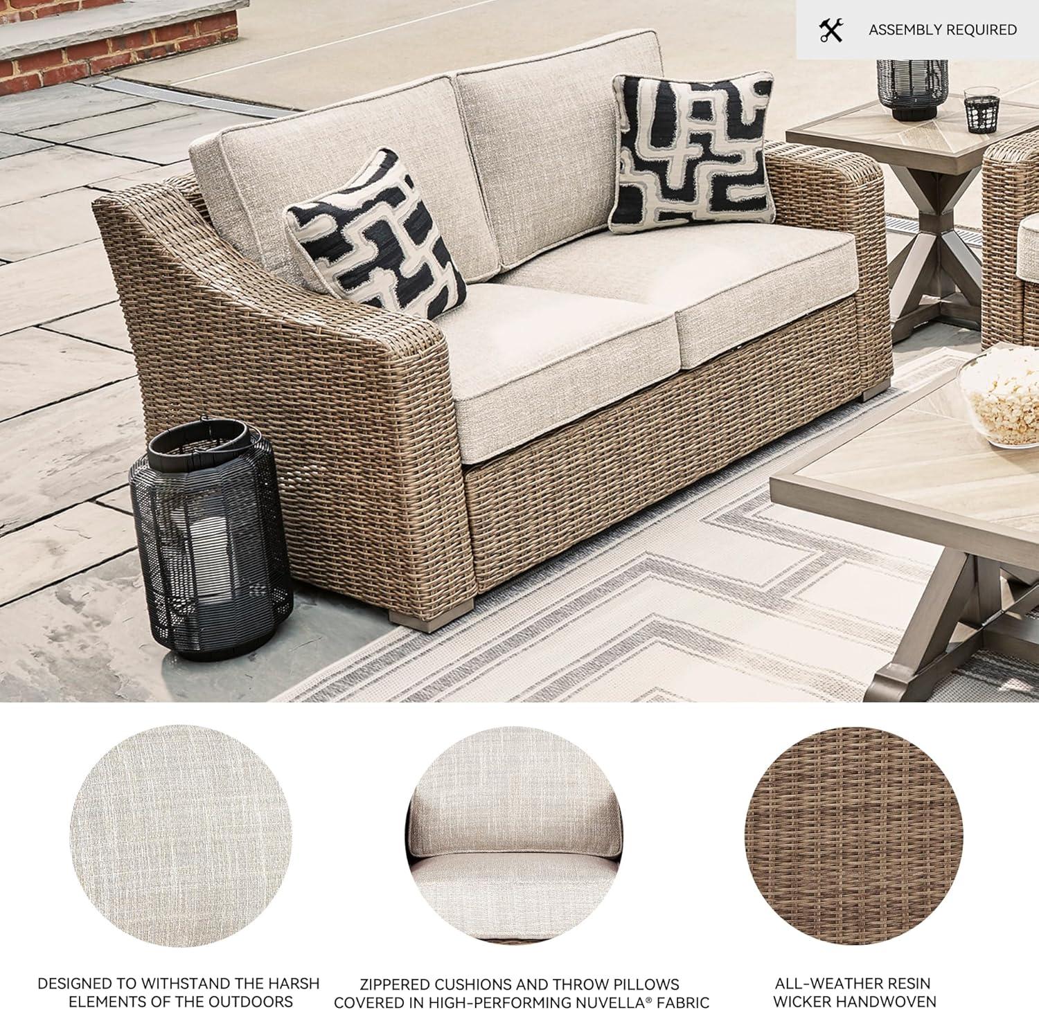 imageSignature Design by Ashley Beachcroft Casual Nuvella Weather Resistant Fabric Resin Wicker Outdoor Loveseat with Cushion and 2 Accent Pillows Dark Brown ampamp BeigeGrey