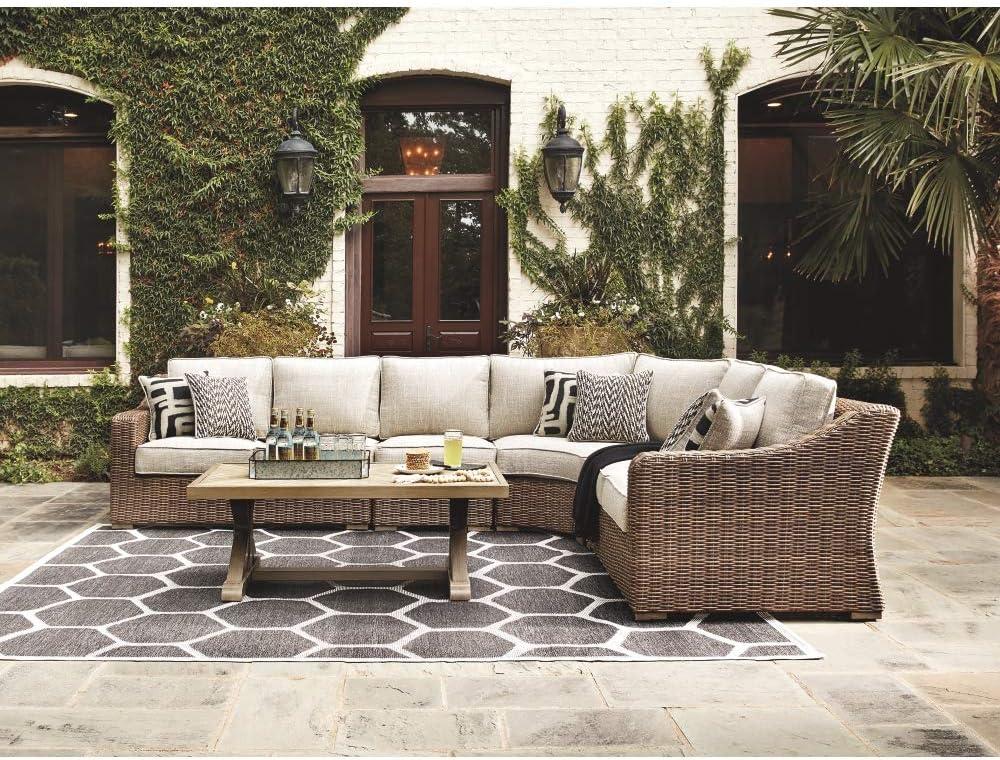 imageSignature Design by Ashley Beachcroft Casual Nuvella Weather Resistant Fabric Resin Wicker Outdoor Loveseat with Cushion and 2 Accent Pillows Dark Brown ampamp BeigeBrown