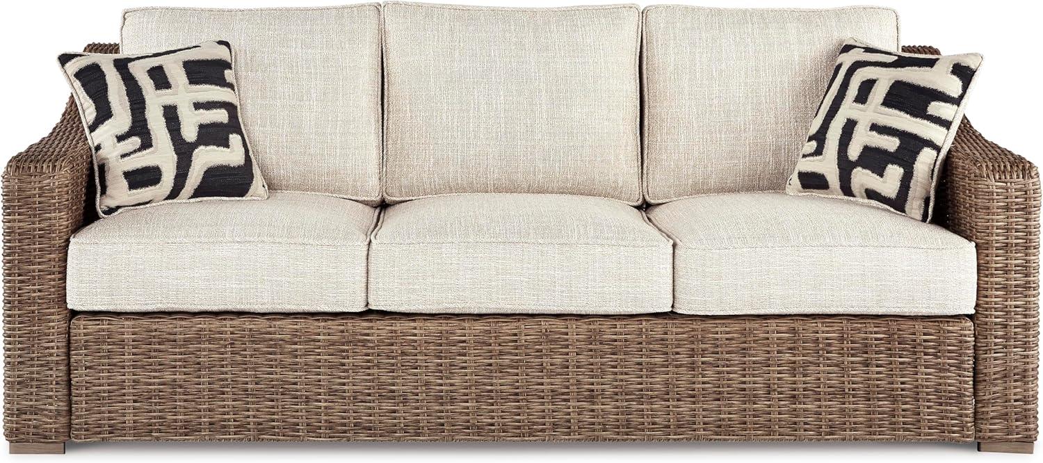 imageSignature Design by Ashley Beachcroft Casual Nuvella Weather Resistant Fabric Resin Wicker Outdoor Loveseat with Cushion and 2 Accent Pillows Dark Brown ampamp BeigeBrown