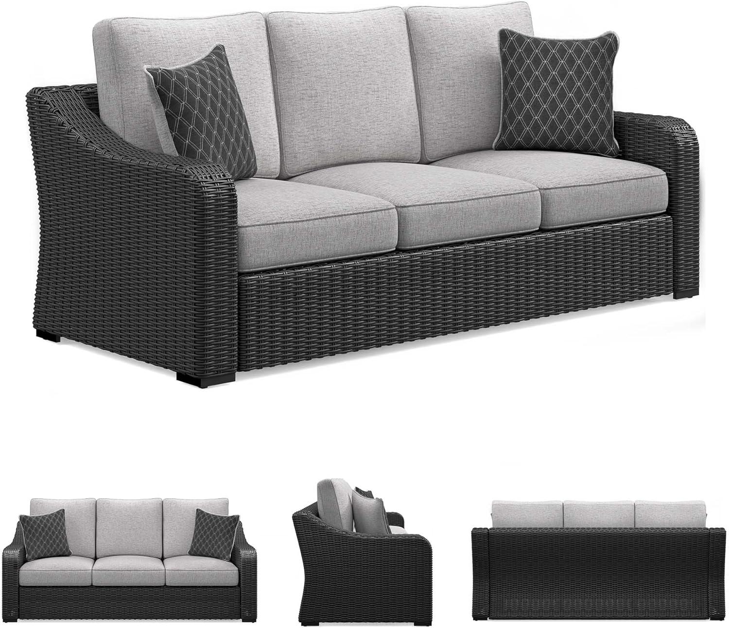 imageSignature Design by Ashley Beachcroft Casual Nuvella Weather Resistant Fabric Resin Wicker Outdoor Loveseat with Cushion and 2 Accent Pillows Dark Brown ampamp BeigeGrey