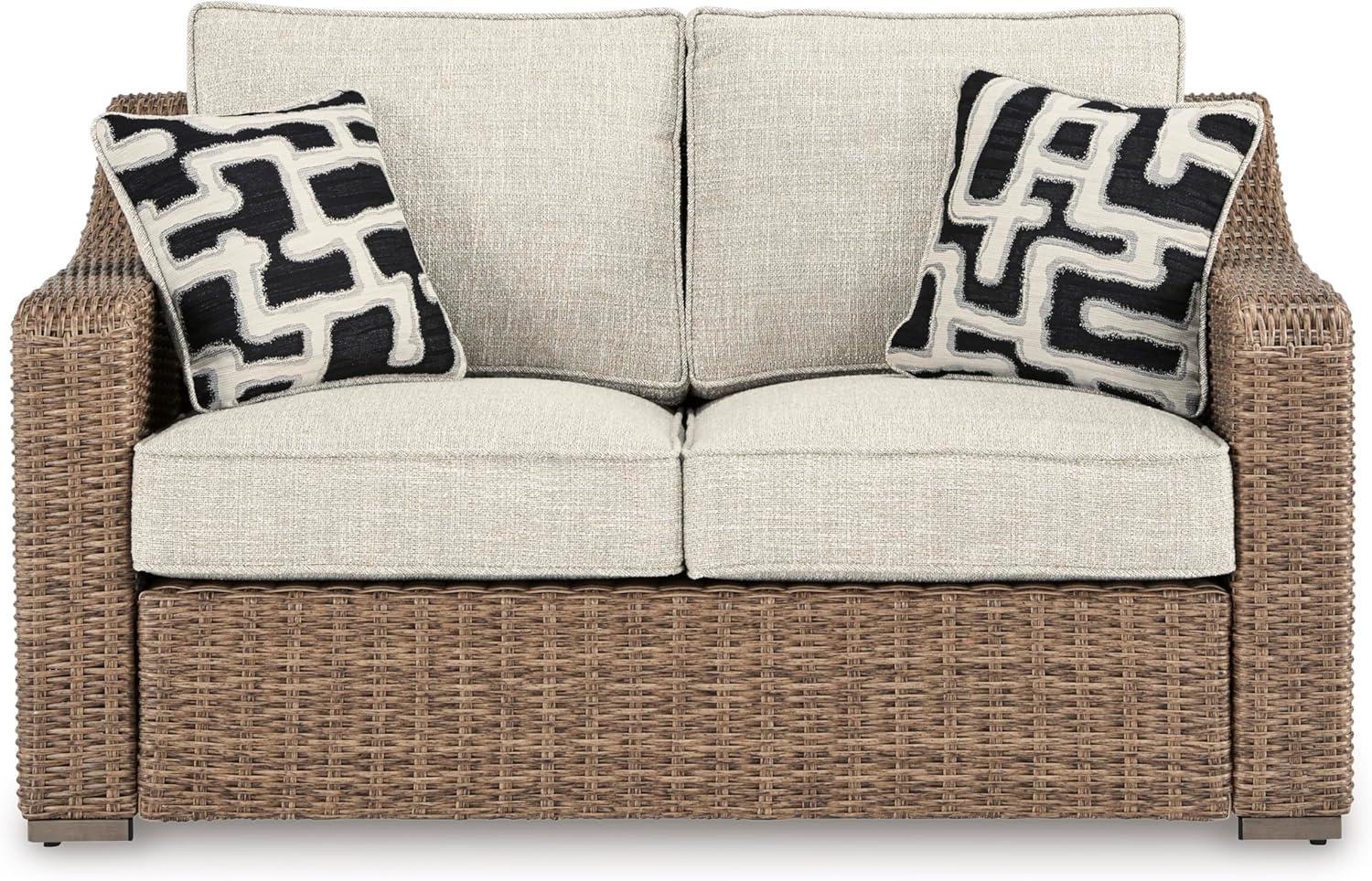 imageSignature Design by Ashley Beachcroft Casual Nuvella Weather Resistant Fabric Resin Wicker Outdoor Loveseat with Cushion and 2 Accent Pillows Dark Brown ampamp BeigeGrey