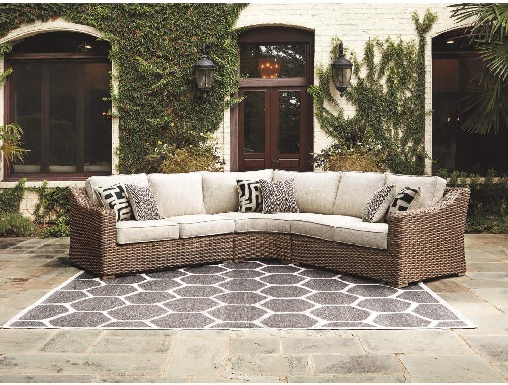 imageSignature Design by Ashley Beachcroft Casual Nuvella Weather Resistant Fabric Resin Wicker Outdoor Loveseat with Cushion and 2 Accent Pillows Dark Brown ampamp BeigeBrown