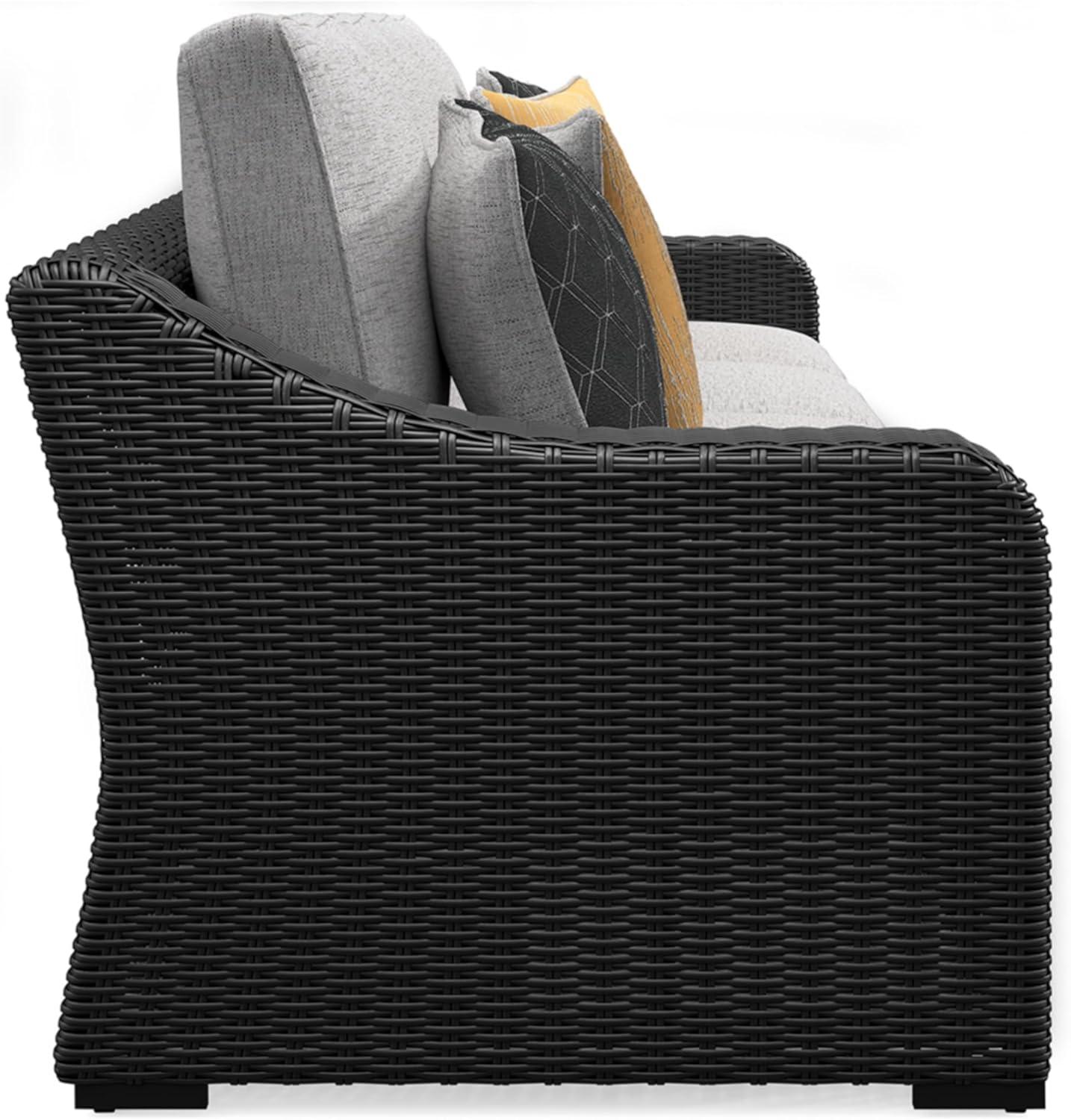 imageSignature Design by Ashley Beachcroft Casual Nuvella Weather Resistant Fabric Resin Wicker Outdoor Loveseat with Cushion and 2 Accent Pillows Dark Brown ampamp BeigeBrown