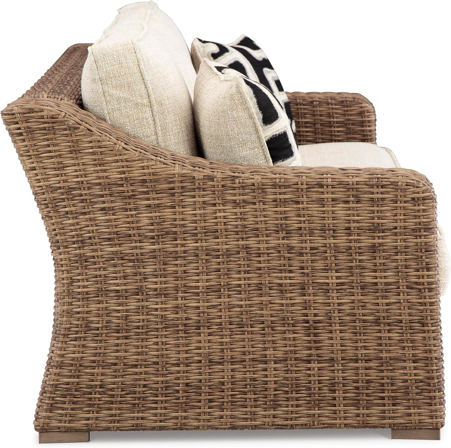imageSignature Design by Ashley Beachcroft Casual Nuvella Weather Resistant Fabric Resin Wicker Outdoor Loveseat with Cushion and 2 Accent Pillows Dark Brown ampamp BeigeBrown
