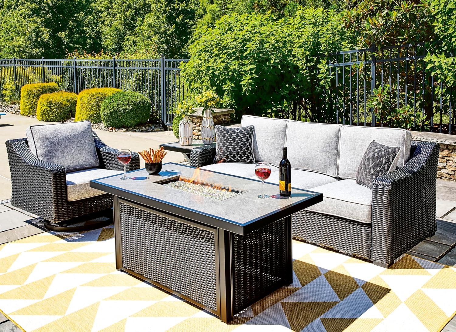 imageSignature Design by Ashley Beachcroft Casual Nuvella Weather Resistant Fabric Resin Wicker Outdoor Loveseat with Cushion and 2 Accent Pillows Dark Brown ampamp BeigeGrey