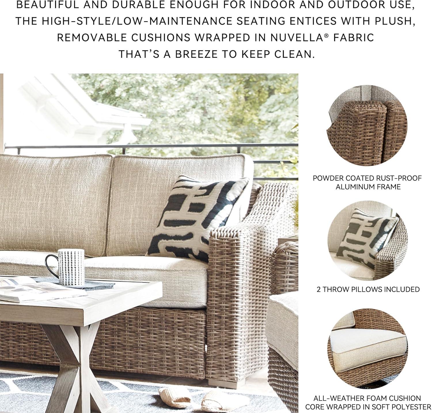 imageSignature Design by Ashley Beachcroft Casual Nuvella Weather Resistant Fabric Resin Wicker Outdoor Loveseat with Cushion and 2 Accent Pillows Dark Brown ampamp BeigeBrown