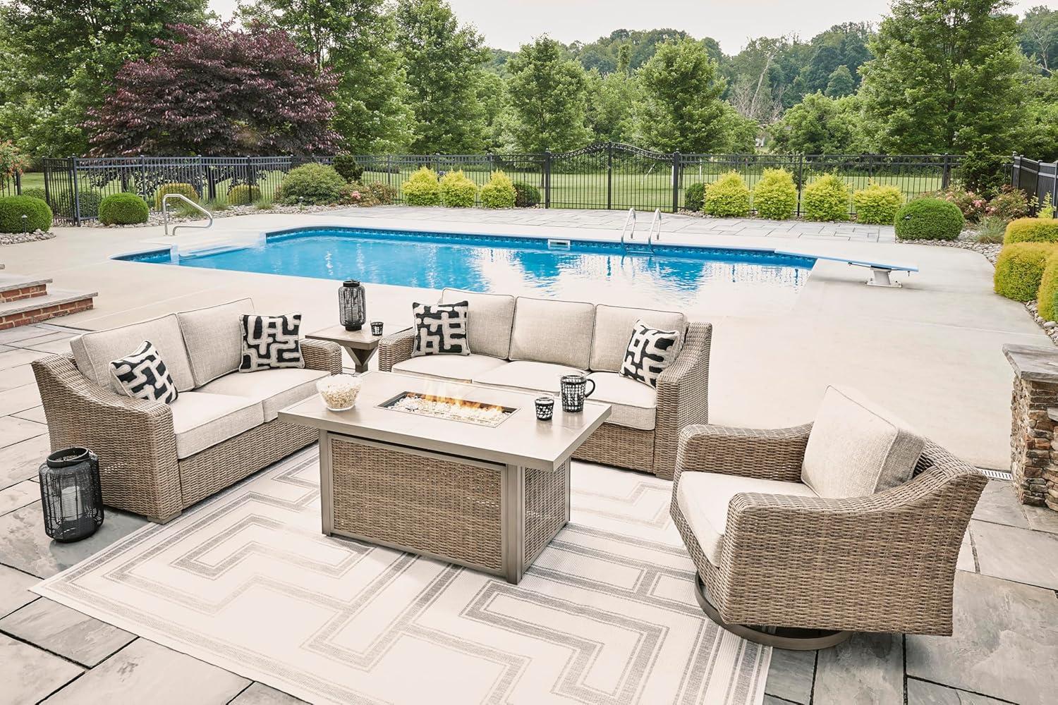 imageSignature Design by Ashley Beachcroft Casual Nuvella Weather Resistant Fabric Resin Wicker Outdoor Loveseat with Cushion and 2 Accent Pillows Dark Brown ampamp BeigeBrown