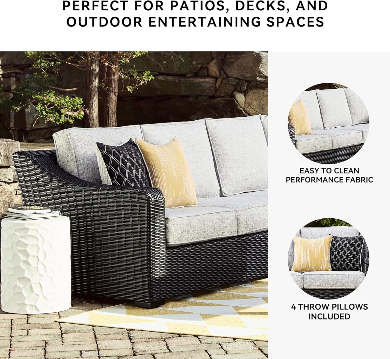 imageSignature Design by Ashley Beachcroft Casual Nuvella Weather Resistant Fabric Resin Wicker Outdoor Loveseat with Cushion and 2 Accent Pillows Dark Brown ampamp BeigeBrown