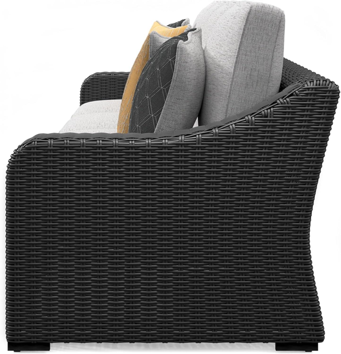 imageSignature Design by Ashley Beachcroft Casual Nuvella Weather Resistant Fabric Resin Wicker Outdoor Loveseat with Cushion and 2 Accent Pillows Dark Brown ampamp BeigeBrown