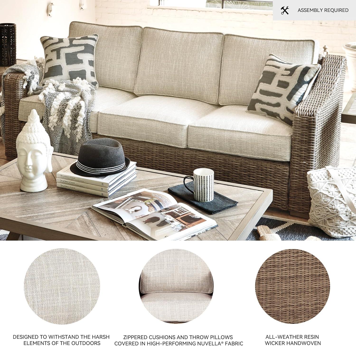 imageSignature Design by Ashley Beachcroft Casual Nuvella Weather Resistant Fabric Resin Wicker Outdoor Loveseat with Cushion and 2 Accent Pillows Dark Brown ampamp BeigeBrown