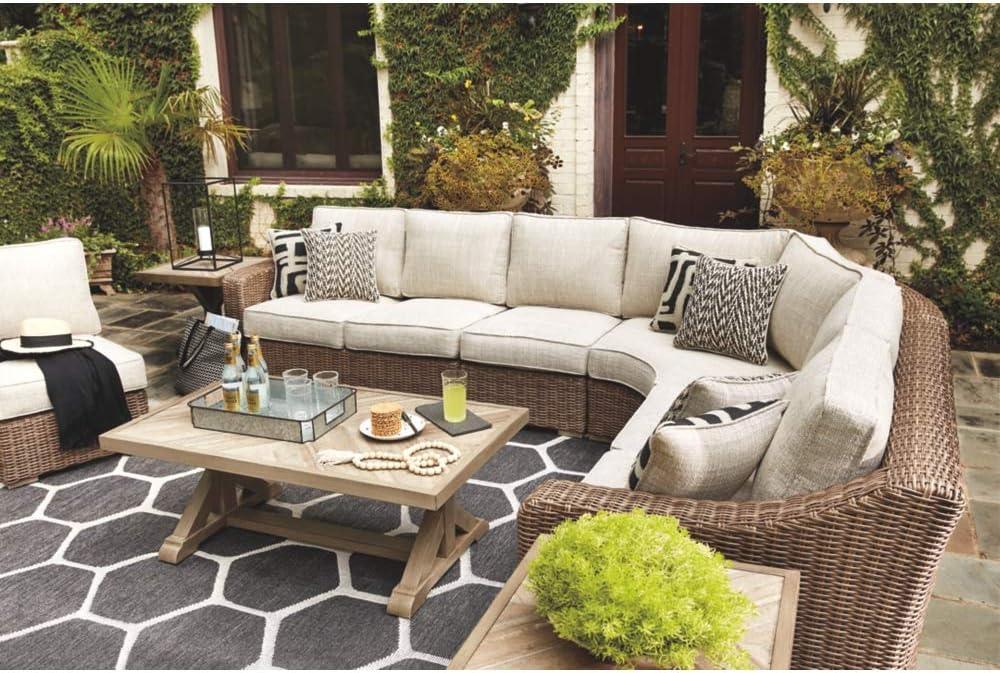 imageSignature Design by Ashley Beachcroft Casual Nuvella Weather Resistant Fabric Resin Wicker Outdoor Loveseat with Cushion and 2 Accent Pillows Dark Brown ampamp BeigeBrown