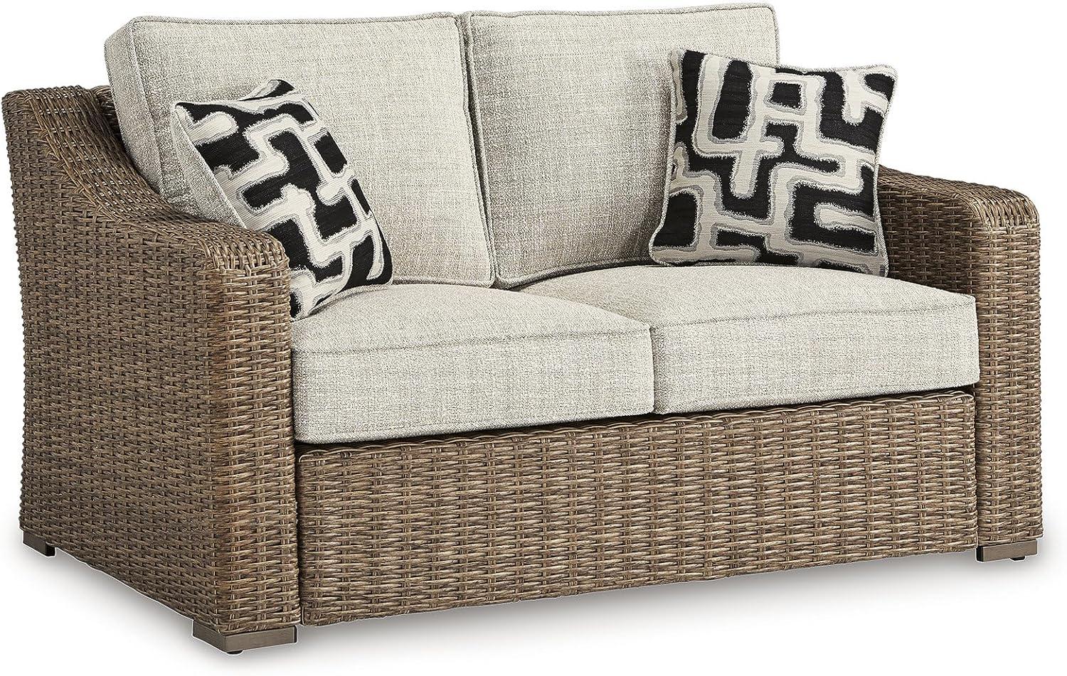 imageSignature Design by Ashley Beachcroft Casual Nuvella Weather Resistant Fabric Resin Wicker Outdoor Loveseat with Cushion and 2 Accent Pillows Dark Brown ampamp BeigeGrey