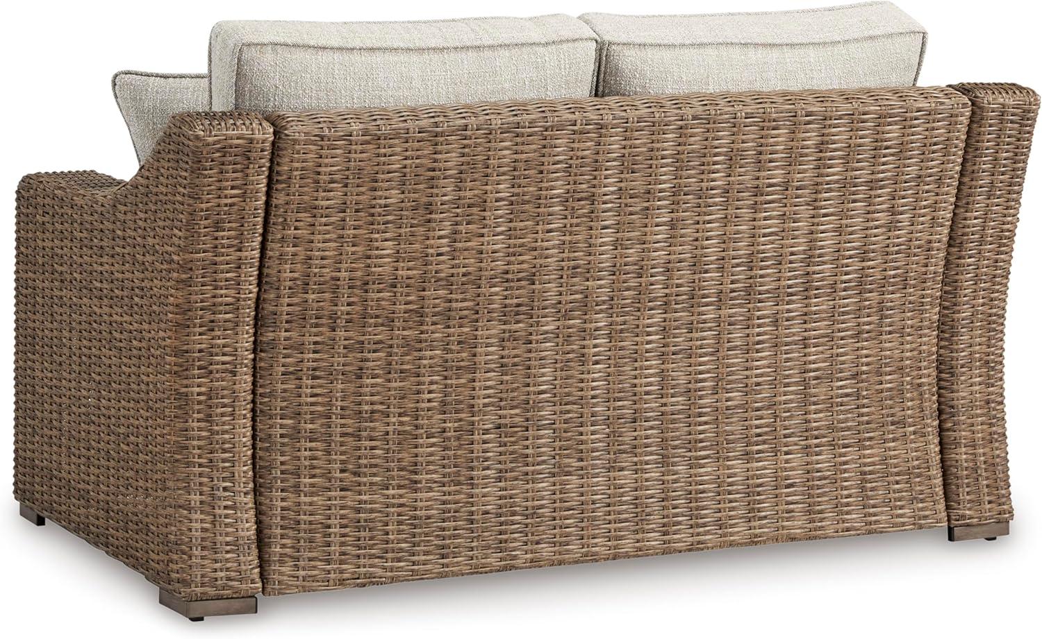 imageSignature Design by Ashley Beachcroft Casual Nuvella Weather Resistant Fabric Resin Wicker Outdoor Loveseat with Cushion and 2 Accent Pillows Dark Brown ampamp BeigeGrey