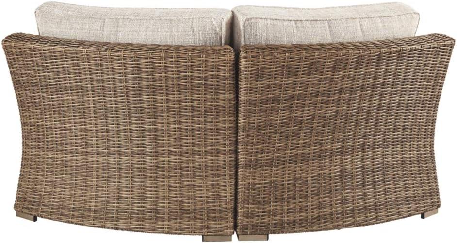 imageSignature Design by Ashley Beachcroft Casual Nuvella Weather Resistant Fabric Resin Wicker Outdoor Loveseat with Cushion and 2 Accent Pillows Dark Brown ampamp BeigeBrown