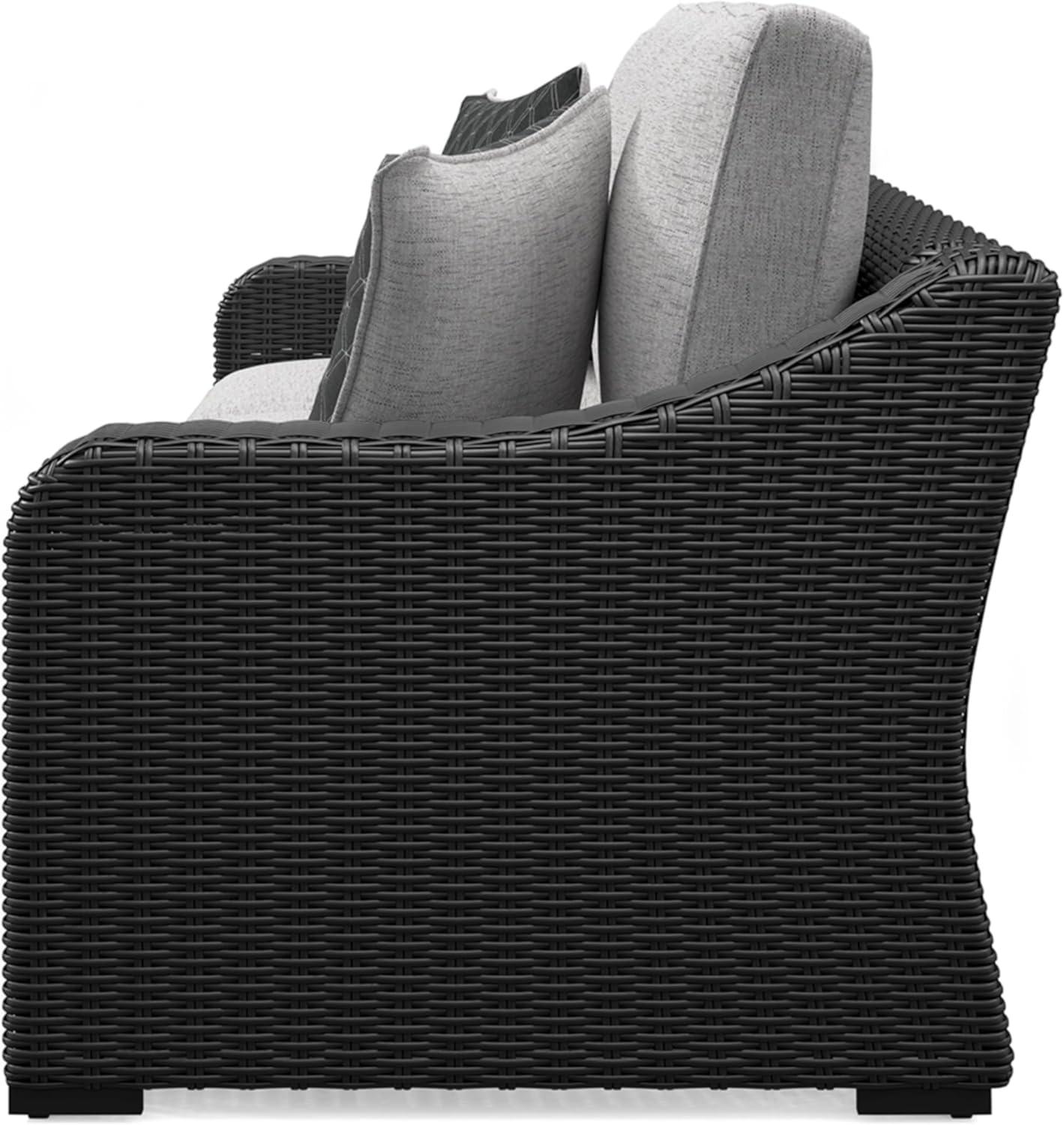 imageSignature Design by Ashley Beachcroft Casual Nuvella Weather Resistant Fabric Resin Wicker Outdoor Loveseat with Cushion and 2 Accent Pillows Dark Brown ampamp BeigeGrey