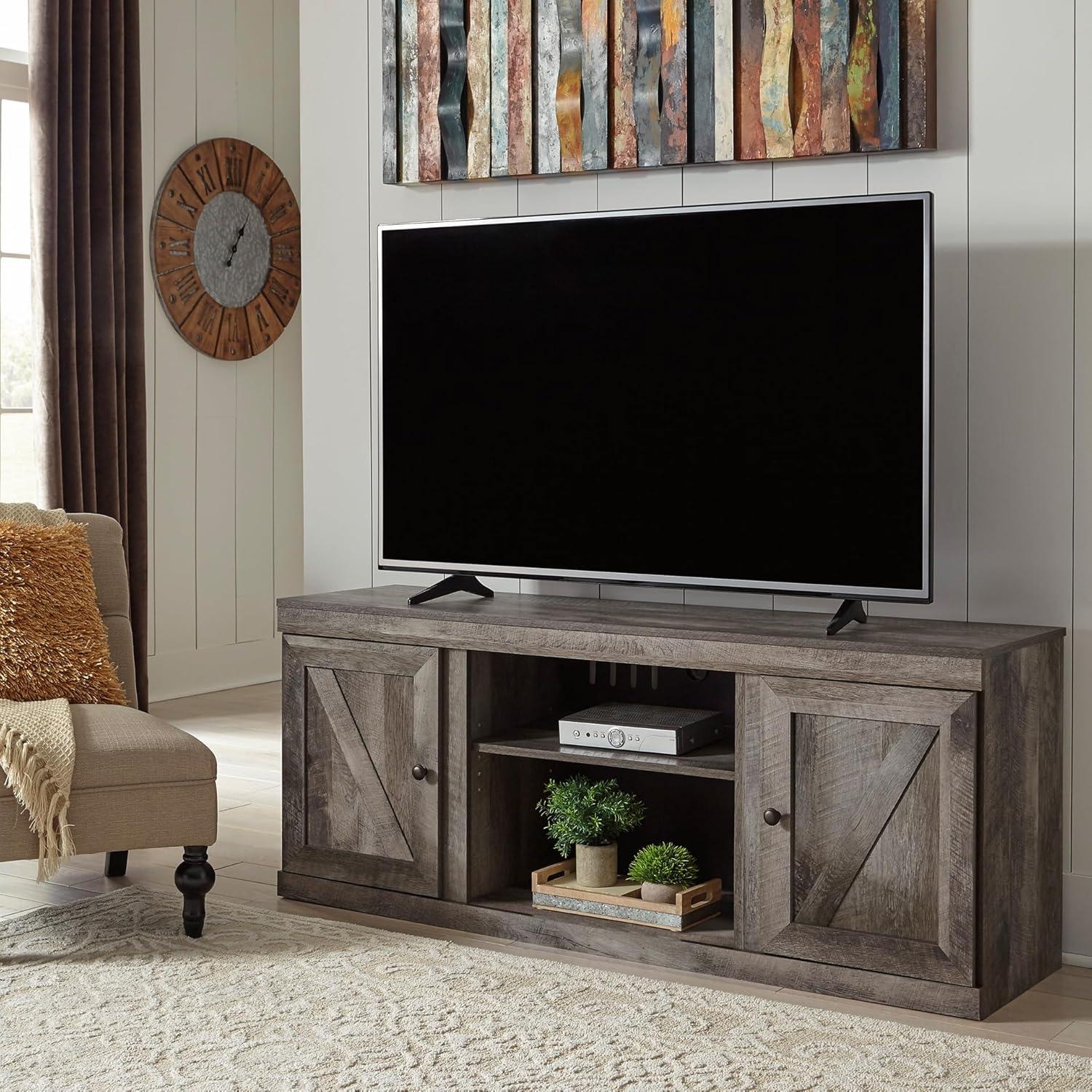 imageSignature Design by Ashley Bellaby Farmhouse TV Stand with Fireplace Option Fits TVs up to 60quot WhitewashGrey